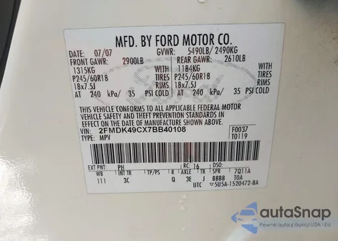 2007 Ford Edge Sel Plus z USA, uszkodzony, nr VIN 2FMDK49CX7BB40108